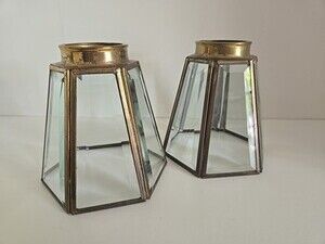 Beveled Glass Brass Lamp Shade 6 Leaded Panels Vintage Set of 2